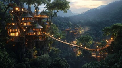 futuristic illustration of intertwined cabins in the middle of the jungle