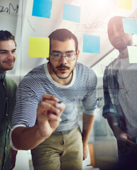 Aufkleber - Business people, writing or schedule planning with glass board for meeting, brainstorming or reminder at office. Young, group or employees taking notes for agenda, tasks or project ideas at workplace