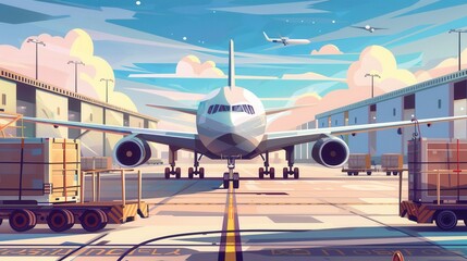 Poster - A large cargo airplane awaits on the runway, surrounded by equipment for efficient loading and unloading of freight. Generative AI