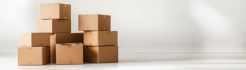 Poster - Moving boxes stacked in bare room, ready for relocation