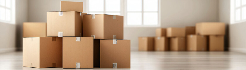 Poster - Moving boxes stacked in bare room, ready for relocation and packing