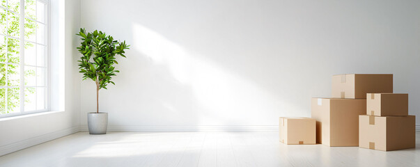 Poster - Moving boxes along blank wall with single window and plant