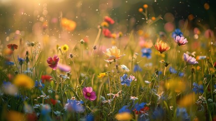 Wall Mural - a field of vibrant wildflowers illuminated by the golden hour sun