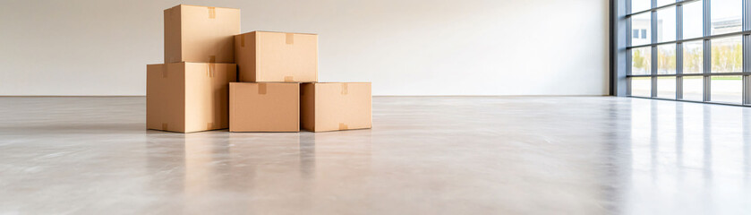 Poster - Cardboard boxes stacked in large empty room create sense of anticipation