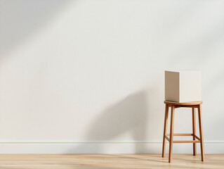 Poster - simple wooden stool supports plain box against soft wall