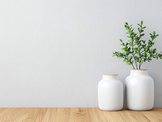 Poster - Minimalist vases with greenery against plain wall create serene atmosphere