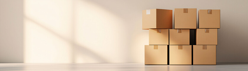 Poster - Neatly stacked boxes in minimalist room with bare walls create serene atmosphere