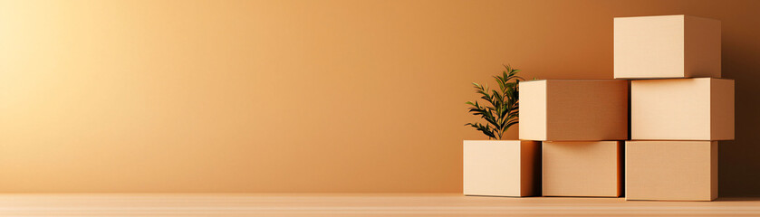 Poster - Minimalist room with stacked boxes and small plant, creating serene atmosphere