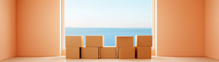Poster - Empty room with stacked boxes and beautiful ocean view
