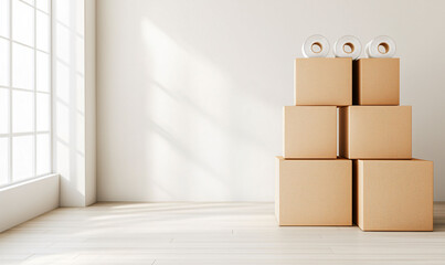 Poster - Moving boxes stacked neatly with tape rolls on top in bright room