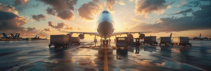 Aufkleber - A cargo airplane is positioned on the runway at sunset, with loading and unloading equipment being operated by staff. Generative AI