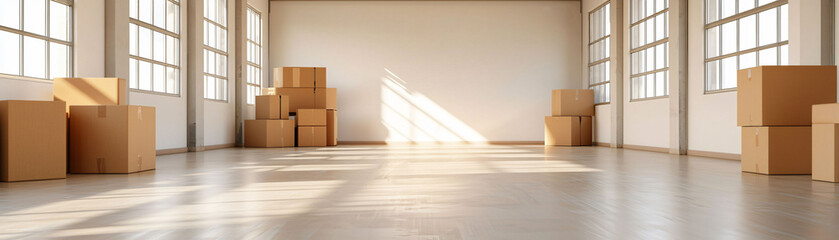 Poster - Empty room with moving boxes and sunlight streaming in