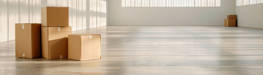Poster - Empty moving boxes bathed in sunlight create serene atmosphere