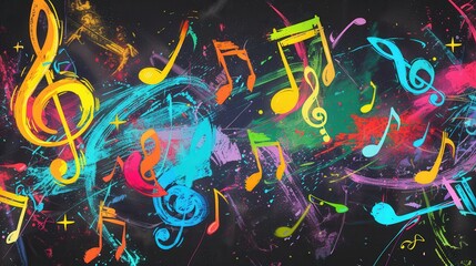 Poster - Bright brushstrokes and musical symbols fill a chalkboard, showcasing a vibrant fusion of art and music in an inspiring creative space. Generative AI