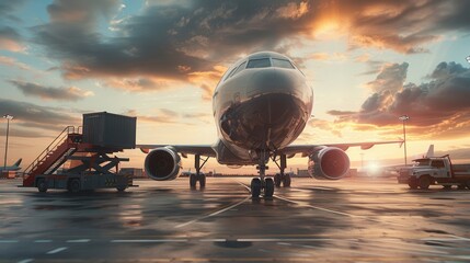 Poster - A cargo airplane is positioned on the runway at sunset, surrounded by loading equipment actively engaged in cargo operations. Generative AI