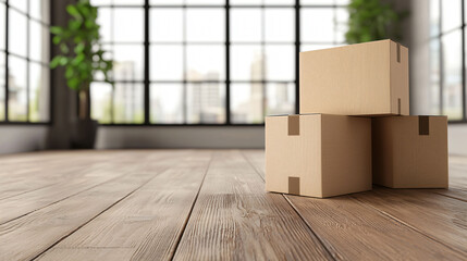 Poster - Cardboard boxes stacked in spacious office with large windows