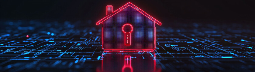 Poster - futuristic house with digital key symbol representing security and technology