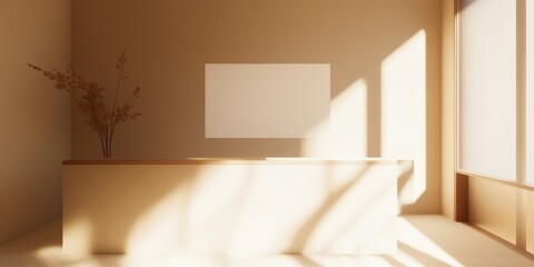 Wall Mural - Minimalist interior with a countertop, a frame on the wall, and natural light.