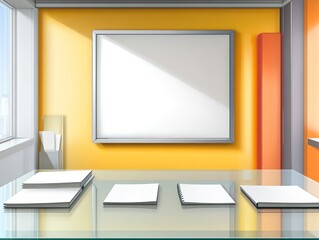 A clean and modern office interior with a large blank frame and a glass table with notebooks.