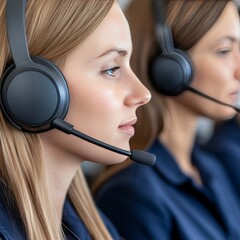 Two women wearing headsets engaged in a call center environment.