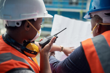 Poster - Person, blueprint and radio with construction, inspection and builder floor plan with collaboration. Industrial, face mask and conversation with project management and property assessment for safety