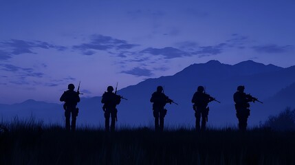 Silhouettes of Soldiers at Sunset in the Mountains