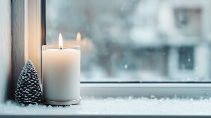 White Christmas candles flickering in a snowcovered window, soft lights glowing inside, closeup