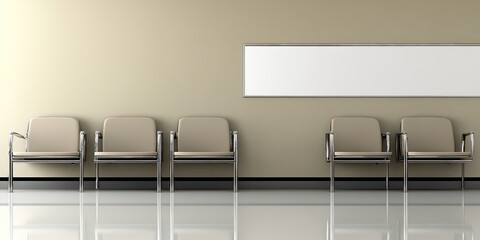 Wall Mural - Five empty chairs in a minimalist waiting area with a blank rectangular sign above.