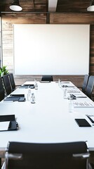 Sticker - An empty conference room with a large whiteboard, a long table, and chairs, ready for a meeting.