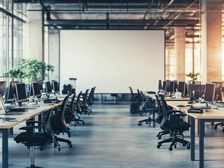 Canvas Print - Empty modern office with a blank projector screen, desks, and chairs.