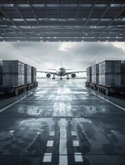 Aufkleber - A cargo airplane waits on the runway as loading and unloading equipment surrounds it in an airport environment. Generative AI