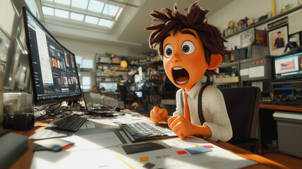 Poster - A cartoon boy is sitting at a desk with a computer monitor in front of him. He is looking at the screen with a surprised expression on his face. The scene is set in a room with a window