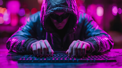 Poster - A man is typing on a keyboard in a dark room with a hoodie on. The room is dimly lit and has a purple hue. The man is focused on his work, possibly typing a message or working on a project