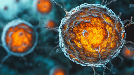 Poster - A close up of a cell with a yellow center and blue background. The cell is surrounded by other cells, some of which are orange. Concept of complexity and interconnectedness