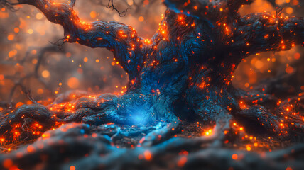 Poster - A tree with glowing branches and a blue center. The blue center is surrounded by orange and red branches. The image has a dreamy, surreal feel to it