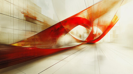 Poster - A red and white abstract painting of a bridge. The red and white colors create a sense of movement and energy. The bridge appears to be suspended in mid-air, giving the impression of a futuristic
