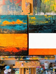 Sticker - Three abstract landscape paintings on wooden canvases, arranged on an easel with paint tubes and brushes in the foreground.