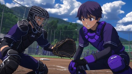 Two Anime Baseball Catchers on the Field.