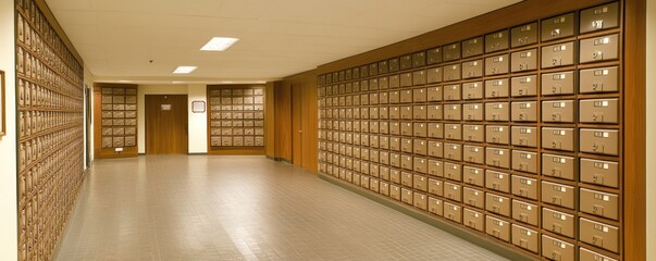 Sticker - A long hallway with rows of mailboxes on one side.