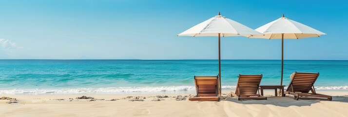 Poster - Two wooden lounge chairs sit empty under white parasol umbrellas on a sunny beach, offering a perfect spot for relaxation by the ocean. Generative AI