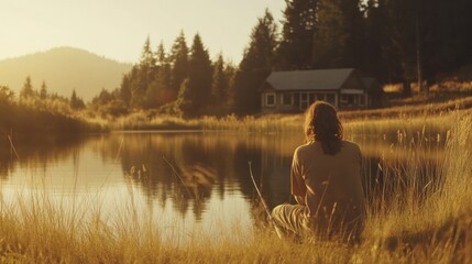 Sticker - A lone woman sits by a lake, gazing towards a cabin in the distance as the sun sets, casting a golden glow across the scene.