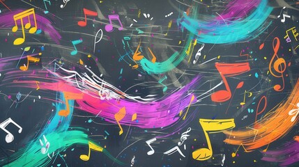 Leinwandbilder - Dynamic brushstrokes blend with musical notes on a chalkboard, creating a lively artistic representation of music and creativity. Generative AI