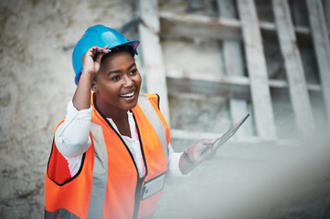 Tablet, construction site and woman with architecture project and engineering for scaffolding and handyman inspection. Industrial, helmet and black female employee with contractor and protection gear