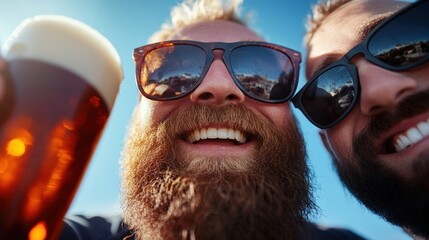 Two friends smile widely while holding a frothy beer in the sunshine, celebrating their time together at a local brewery, capturing a joyful, relaxing moment outdoors