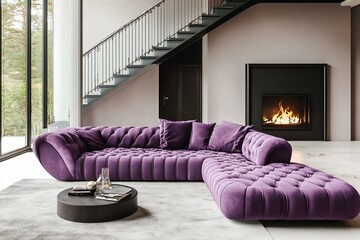 Violet tufted sofa in spacious luxury room with staircase and fireplace. Minimalist home interior design of modern living room in villa in forest.