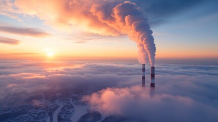 As the sun rises, two towering smokestacks emit steam into a vivid sky painted with hues of orange and purple, surrounded by a blanket of clouds