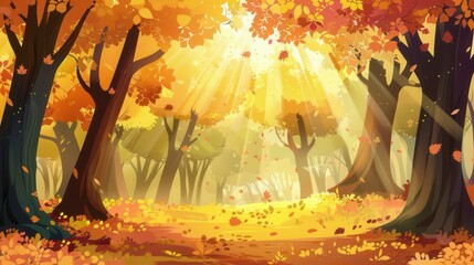 Poster - A tranquil forest glowing with warm autumn colors as sunlight filters through trees adorned with bright fall leaves. Generative AI
