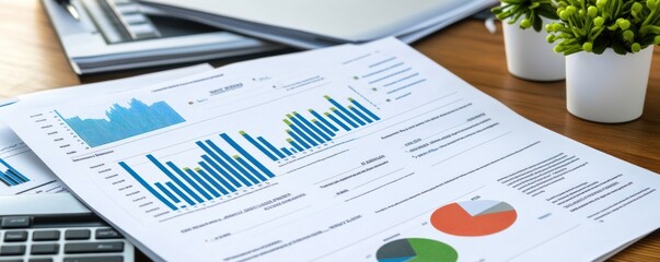 Wall Mural - A close-up shot of a financial report with charts, graphs, and pie charts on a wooden desk.