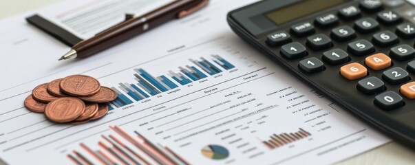 Canvas Print - A calculator, pen, and coins sit on a spreadsheet with bar graphs, pie charts, and other data.