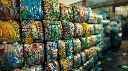 Poster - Bales of recycled plastic bottles and containers are tightly packed at a recycling facility, showcasing the vibrant colors of the materials as they await processing for sustainability efforts.